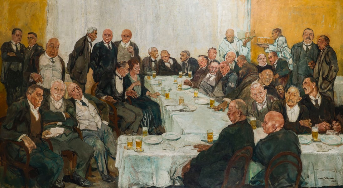 HANS KOHLSCHEIN | BETRIEBSFEST, 1930: HANS KOHLSCHEIN 1879 Duesseldorf - 1948 Warburg BETRIEBSFEST, 1930 Oel auf Leinwand. 120 x 220 cm. Signiert und datiert unten rechts. Restauriert 1997 durch das Restaurierungsatelier "De
