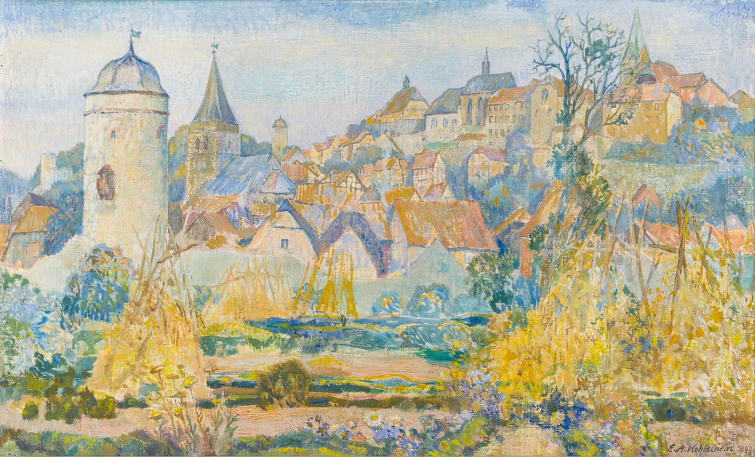 EDMUND ANTON KOHLSCHEIN | WARBURG, 1948: EDMUND ANTON KOHLSCHEIN 1900 Duesseldorf - 1996 Duesseldorf WARBURG, 1948 Oil on canvas. 50 x 80 cm (f. 56 x 89 cm). Signed and dated lower right. Framed. Provenance: Estate of the Kohlschein and
