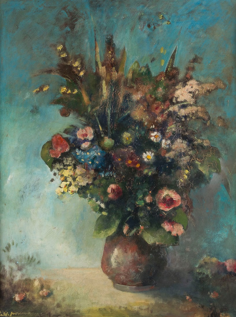 LUDWIG WILHELM GROSSMANN | 'ROMANTISCHES BLUMENBUKETT': LUDWIG WILHELM GROSSMANN 1894 Strasbourg - 1960 Munich ''ROMANTIC BOUQUET'' Oil on hardboard. 63 x 50 cm (f. 80 x 68 cm). Signed lower left. Verso: titled. Framed.LUDWIG WILHELM GROSSMANN 1894 Strassb