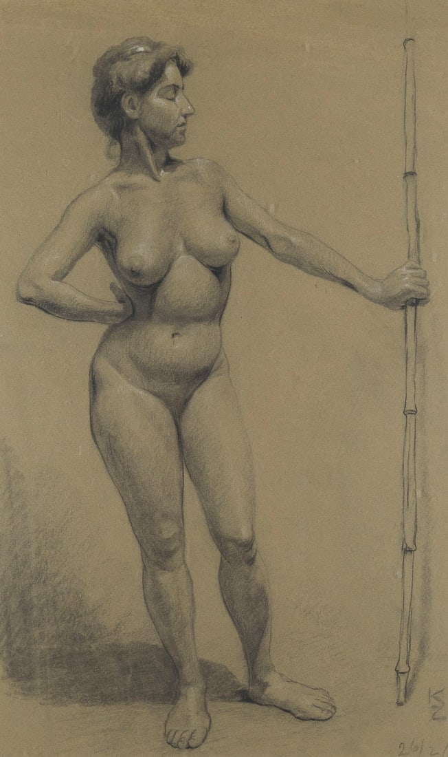 KATHARINA ZIRNER | WEIBLICHER AKT: KATHARINA ZIRNER 1890 Vienna - 1927 Kasauli, India FEMALE NUDE Pencil, heightened with white on paper. Visible size 55 x 33 cm (F. 72 x 49 cm). Monogrammed lower right, traces of dating. Framed behind