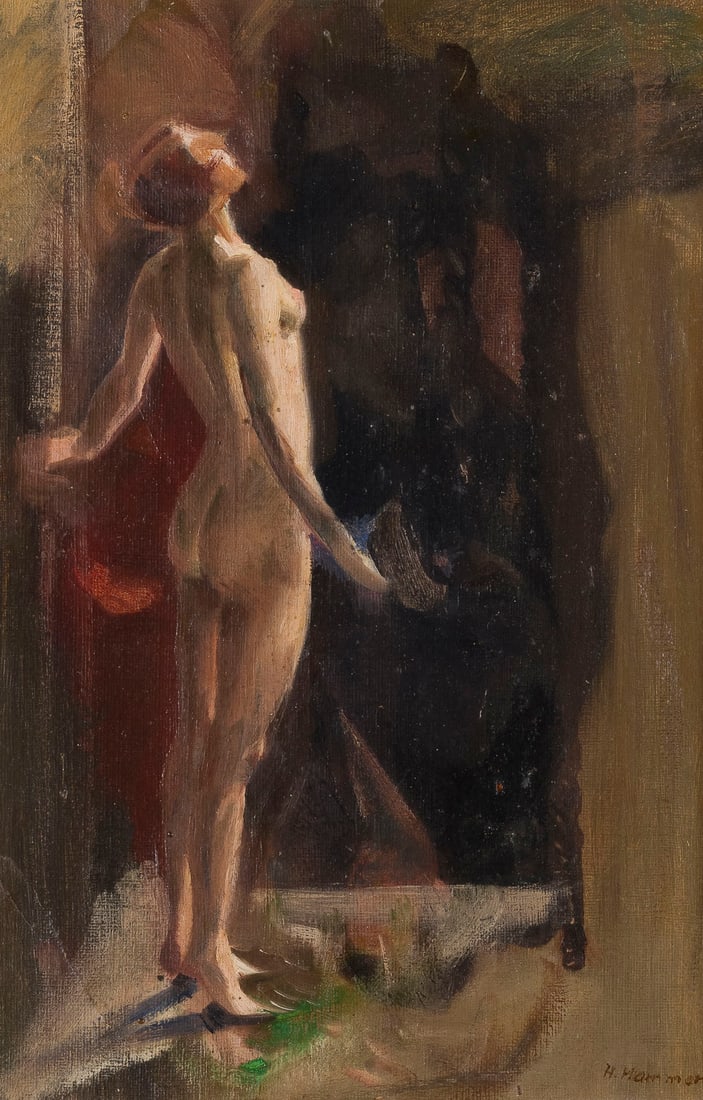 HANS HUMMER |OeLSTUDIE EINES WEIBLICHEN AKTS, 1917: HANS HUMMER 1878 - 1917 OIL STUDY OF A FEMALE NUDE, 1917 Oil on canvas, laid down on fiberboard. 37.6 x 26 cm (f. 49 x 37 cm). Signed and dated lower right. Framed.HANS HUMMER 1878 - 1917OeLSTUDIE EIN