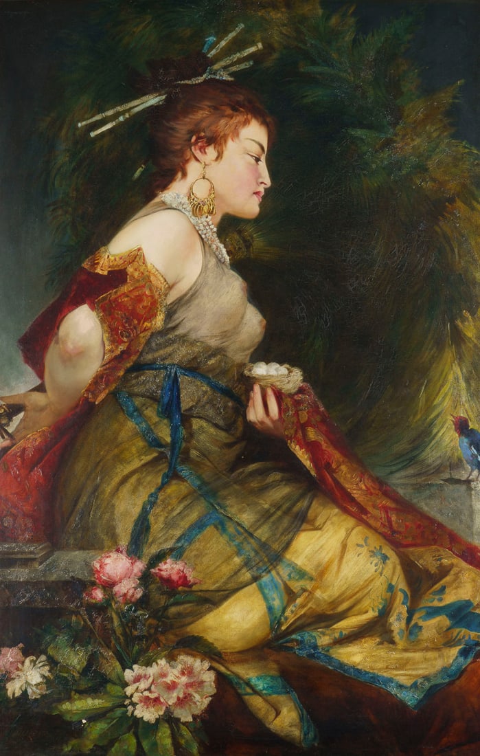HANS MAKART (UMKREIS/WERKSTADT) | DIE JAPANERIN: MAKART, HANS (Circle / Studio) 1840 Salzburg - 1884 Vienna THE JAPANESE WOMAN Oil on canvas. 132 x 88 cm (f. 153 x 108 cm). Verso: canvas with manufacturer's stamp 'A. Ebeseder, Wien'. Minimal tear at