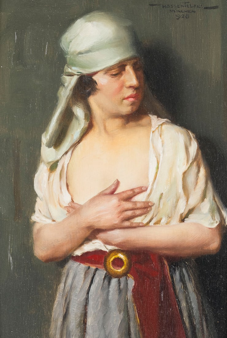 HANS HASSENTEUFEL |AeGYPTERIN, 1928: HANS HASSENTEUFEL 1887 Hamburg - 1943 Munich EGYPTIAN WOMAN, 1928 Oil on canvas. 31 x 21 cm (f. 43.5 x 34.5 cm). Signed and dated upper right. Verso: Inscription by the artist's wife from 1948. Framed