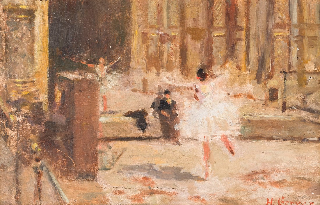 HENRI GERVEX | DIE BALLETTKLASSE VON ROSITA MAURI IN DER PARISER OPER: HENRI GERVEX 1852 Paris - 1929 ibid. ROSITA MAURI'S BALLET CLASS AT THE PARIS OPERA Oil on panel. 10.5 x 18 cm (Frame: 16.5 x 23 cm). Signed lower right. Verso: inscribed. Framed. The handwritten insc