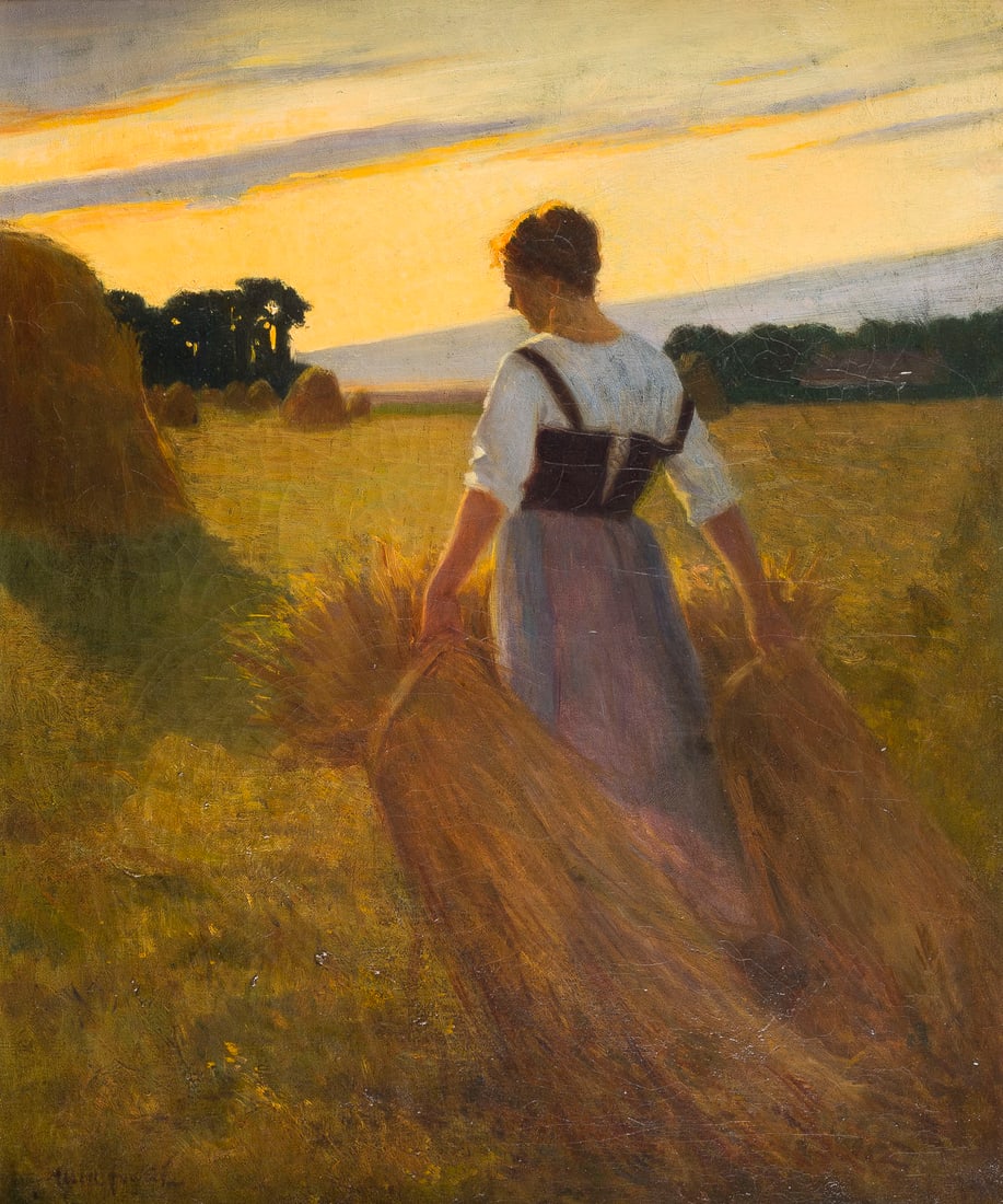FRANZOeSISCHE SCHULE | BAeUERIN MIT GARBEN: FRENCH SCHOOL circa 1900 PEASANT WOMAN WITH SHEAVES Oil on canvas, 62 x 51 cm (f. 83 x 73 cm). Signed lower left, illegibly, ''Albert .''. Verso: On the canvas a stamp of the Paris firm ''Saint-Martin