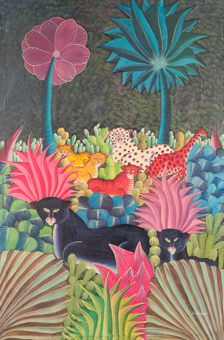 FRANZOeSISCHE SCHULER DES 20. JH | TIERE IM DSCHUNGEL: FRANZOeSISCHE SCHULER DES 20. JH TIERE IM DSCHUNGEL Oel auf Leinwand. 90 x 61 cm. Bezeichnet unten rechts. Einriss in der Leinwand oben rechts.FRANZOeSISCHE SCHULER DES 20. JH TIERE IM DSCHUNGELOel au