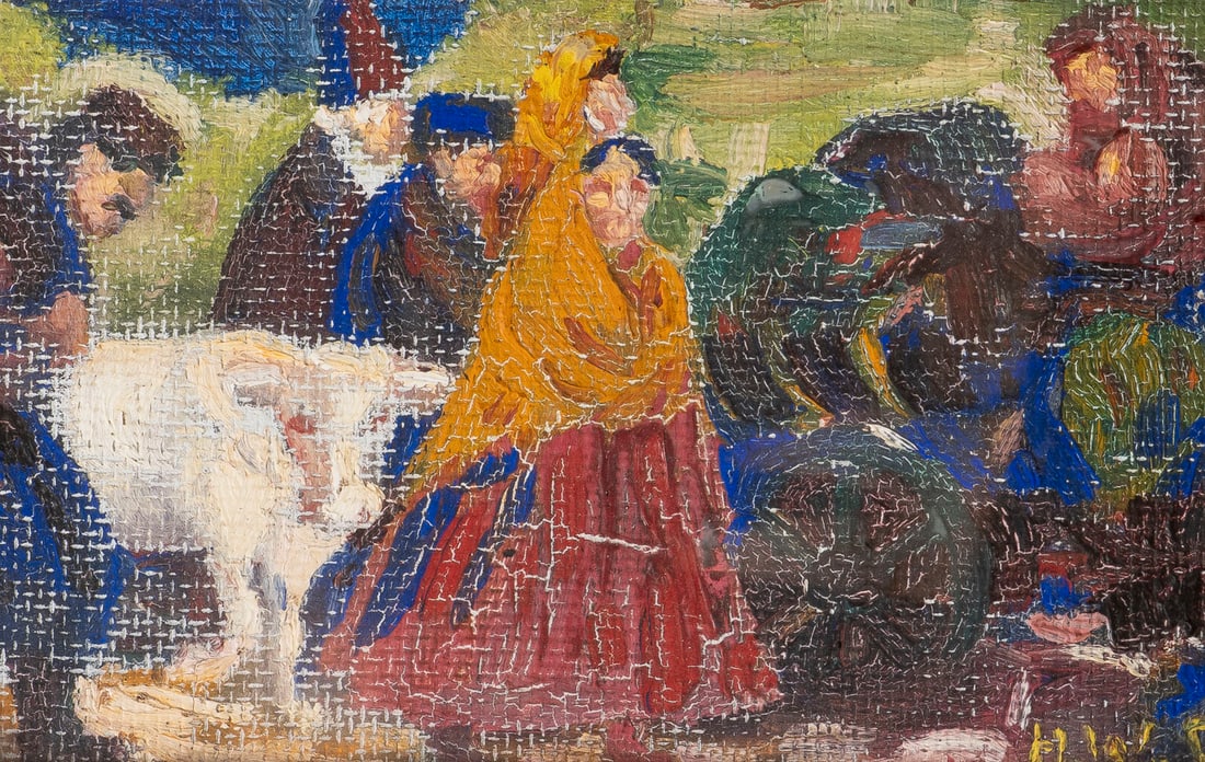 MONOGRAMMIST 'H.W.S' | HEIMKEHR VOM MARKT: MONOGRAMMIST ''H. W. S.'' RETURNING FROM THE MARKET Oil on board. 11 x 16 cm (f. 19 x 24 cm). Monogrammed lower right. Verso: label 'Kunsthaus Schaller Stuttgart'. Framed.MONOGRAMMIST 'H.W.S' HEIMKEHR