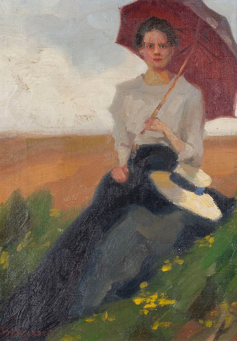 GERTRUD FRIEDERSDORFF | JUNGE FRAU MIT SONNENSCHIRM, 1910: GERTRUD FRIEDERSDORFF 1892 - 1985 YOUNG WOMAN WITH A PARASOL, 1910 Oil on canvas. 40 x 29 cm (f. 63 x 53 cm). Signed lower left. Framed.GERTRUD FRIEDERSDORFF 1892 - 1985 JUNGE FRAU MIT SONNENSCHIRM, 1
