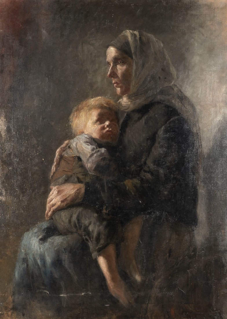 DEUTSCHE SCHULE ENDE 19. / ANFANG 20. JHD. | MUTTER MIT KIND. (RUeCKSEITIG: BILDNIS EINES MOeNCHS): GERMAN SCHOOL Late 19th / Early 20th Century MOTHER AND CHILD (VERSO: PORTRAIT OF A MONK) Oil on canvas. 100 x 73 cm. Isolated minor paint losses.DEUTSCHE SCHULE ENDE 19. / ANFANG 20. JHD. MUTTER MIT 