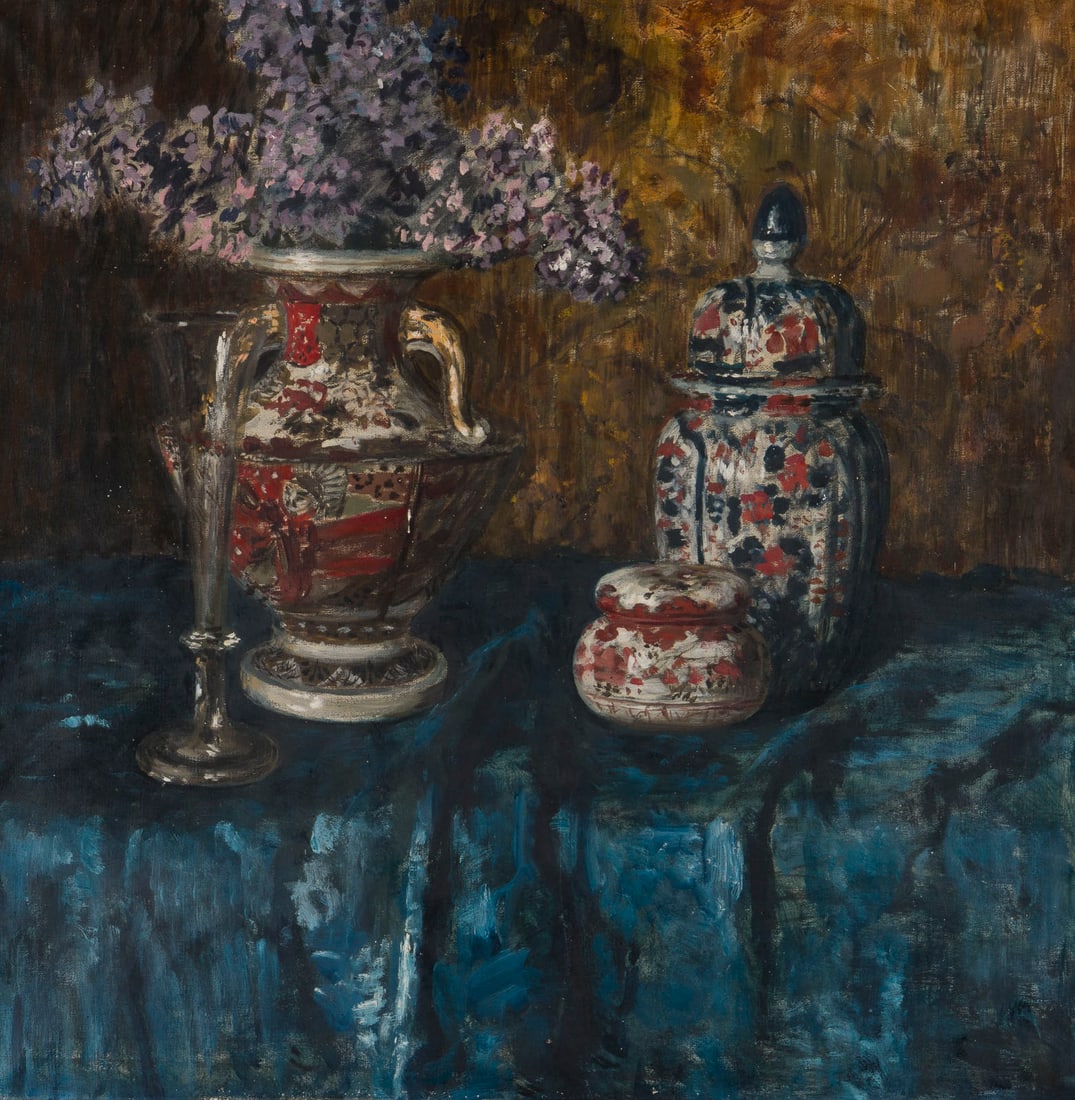 DEUTSCH / NIEDERLAeNDISCH | STILLLEBEN MIT PORZELLAN: DEUTSCH / NIEDERLAeNDISCH um 1900 STILLLEBEN MIT PORZELLAN Oel auf Leinwand. 63 x 63 cm (R. 83 x 83 ). Rahmen.DEUTSCH / NIEDERLAeNDISCH um 1900 STILLLEBEN MIT PORZELLANOel auf Leinwand. 63 x 63 cm (R.
