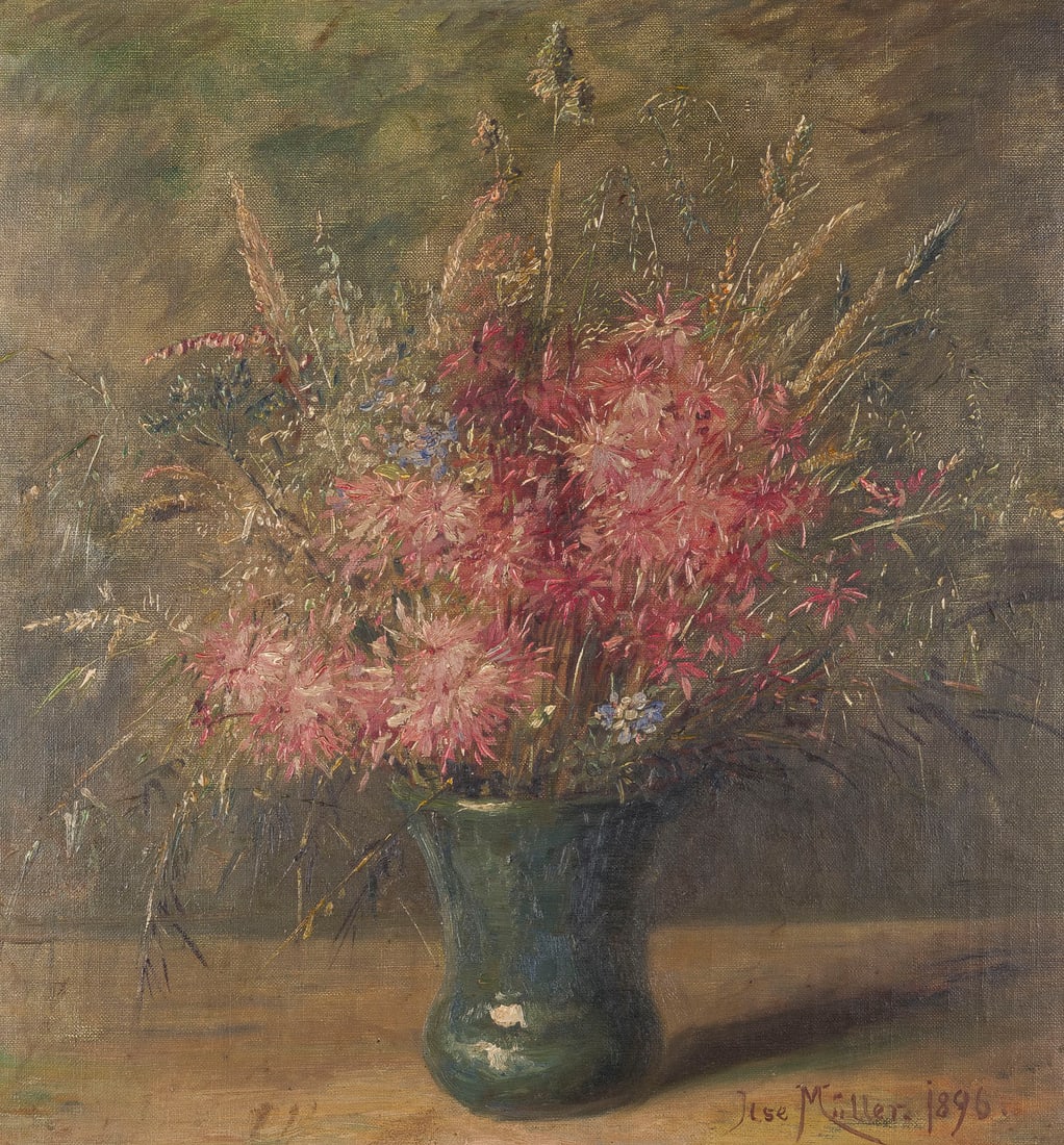 ILSE MUeLLER-NOACK | WIESENBLUMEN IN BLAUER VASE, 1896: ILSE MUeLLER-NOACK Active late 19th - early 20th century WILD FLOWERS IN A BLUE VASE, 1896 Oil on canvas, laid on board. 46 x 44 cm (F. 56 x 54 cm). Signed and dated lower right. Framed.ILSE MUeLLER-N