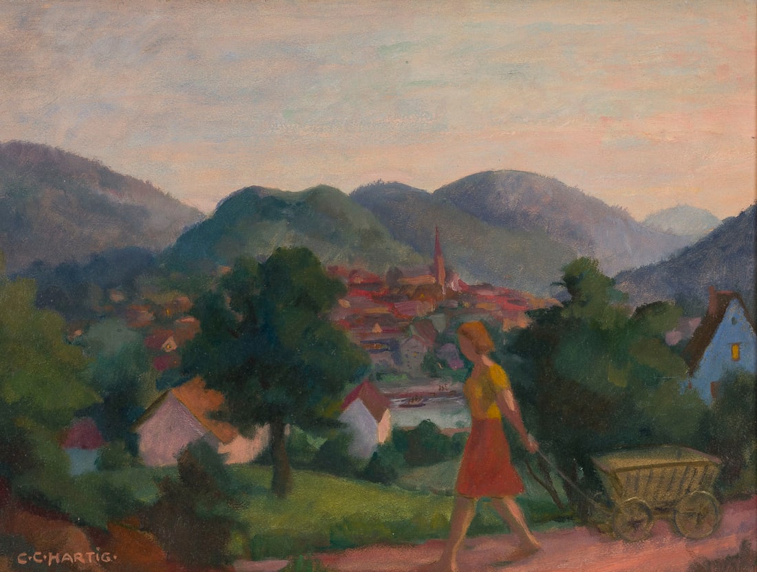 CARL CHRISTOPH HARTIG | BLICK AUF EINE KLEINE STADT: CARL CHRISTOPH HARTIG 1888, Davos - 1975, Dusseldorf VIEW OF A SMALL TOWN Oil on panel. 36 x 48 cm (f: 51 x 63 cm). Signed lower left. Framed.CARL CHRISTOPH HARTIG 1888 Davos - 1975 Duesseldorf BLICK