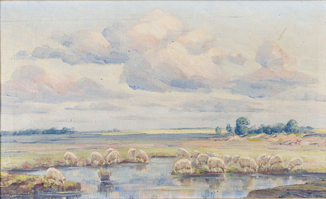 FRANZ M. JANSEN | SCHAFHERDE AM SEE: FRANZ M. JANSEN 1885 Koeln - 1958 Felderhoferbruecke SCHAFHERDE AM SEE Oel auf Leinwand. 32 x 52 cm (R. 42 x 62 cm). Unten links signiert. Rahmen.FRANZ M. JANSEN 1885 Koeln - 1958 Felderhoferbruecke