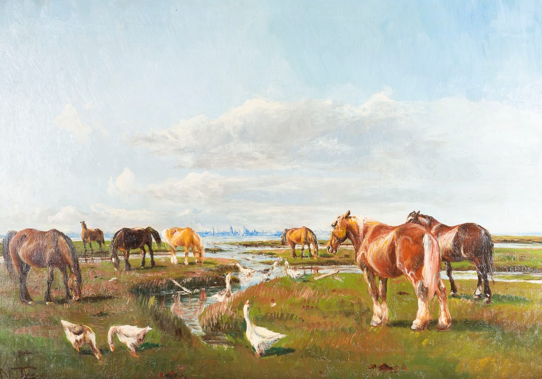 NIELS PETER CHRISTIANSEN | WEITE WEIDELANDSCHAFT MIT PFERDEN: NIELS PETER CHRISTIANSEN 1873 Denmark - 1960 EXTENSIVE PASTURE LANDSCAPE WITH HORSES Oil on canvas. 71 x 100 cm (f. 91 x 121 cm). Monogrammed lower left. Framed.NIELS PETER CHRISTIANSEN 1873 daenisch