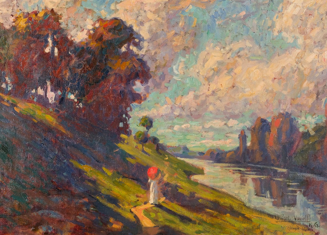 MONOGRAMMIST K.G. | SOMMERTAG AM FLUSS, 1916: MONOGRAMMIST K.G. Active early 20th century SUMMER DAY BY THE RIVER, 1916 Oil on canvas. 70 x 50 cm (f. 91 x 70 cm). Monogrammed, indistinctly inscribed with location, and dated lower right. Framed.MO
