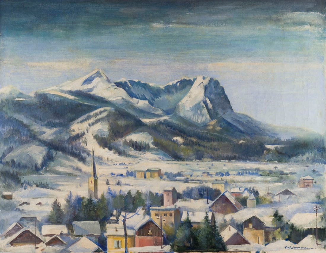LUDWIG WILHELM GROSSMANN | BLICK AUF DIE STADT AM BERGFUss: LUDWIG WILHELM GROSSMANN 1894 Strasbourg - 1960 Munich VIEW OF THE CITY AT THE FOOT OF THE MOUNTAINS Oil on canvas. 65 x 83 cm. Signed lower right. Framed.LUDWIG WILHELM GROSSMANN 1894 Strassburg -