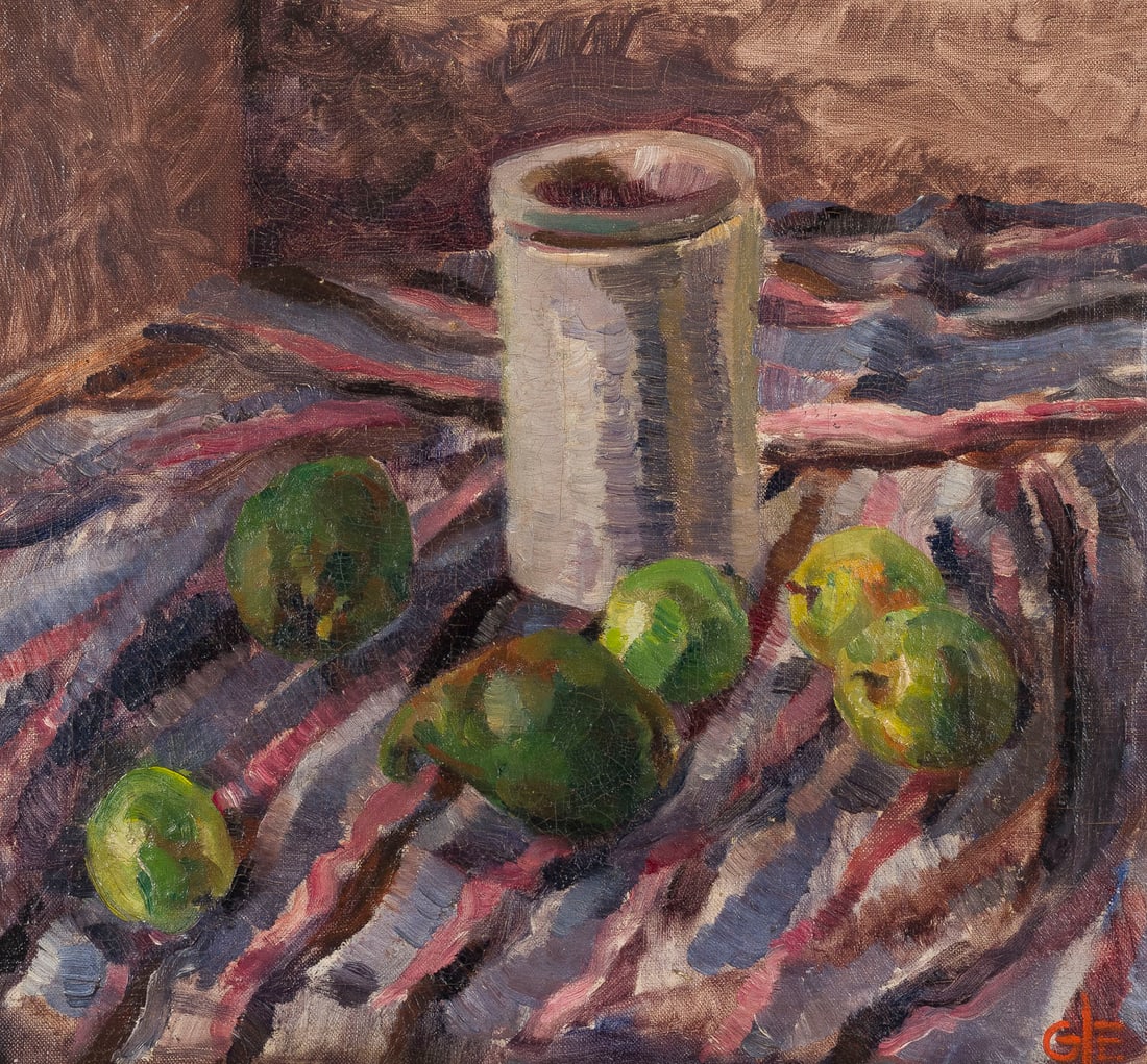 MONOGRAMMIST 'G.E.' | STILLLEBEN MITAePFELN: MONOGRAMMIST 'G.E.' Active c. 1920s/1930s STILL LIFE WITH APPLES Oil on canvas. 42 x 46 cm (F. 56 x 61 cm). Monogrammed lower right. Framed.MONOGRAMMIST 'G.E.' taetig um 1920/1930 STILLLEBEN MITAePFEL