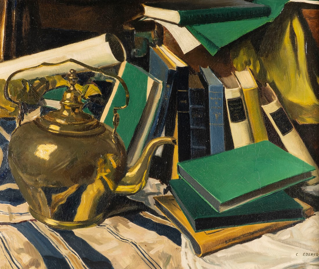 CARL EDERER | STILLLEBEN MIT TEEKANNE UND BUeCHERN: CARL EDERER 1875 Wien - 1951 Duesseldorf STILLLEBEN MIT TEEKANNE UND BUeCHERN Oel auf Leinwand. 51 x 61 cm (R. 69 x 79 cm). Unten rechts signiert. Rahmen.CARL EDERER 1875 Wien - 1951 Duesseldorf