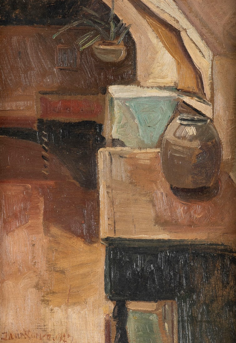 UNBEKANNTER KUNSTLER DER MODERNE | INTERIEUR, 1927: UNKNOWN MODERNIST ARTIST Active circa 1920/1930 INTERIOR, 1927 Oil on canvas. 36 x 27 cm (R. 49 x 40 cm). Indistinctly signed and dated lower left. Framed.UNBEKANNTER KUNSTLER DER MODERNE Taetig um