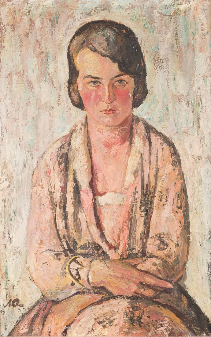MONOGRAMMIST 'A. R.' | FRAUENPORTRAeT: MONOGRAMMIST 'A. R.' Active 1920s/1930s PORTRAIT OF A WOMAN Oil on canvas. 80 x 51 cm (f. 94 x 65 cm). Monogrammed lower left. Minimally damaged. Framed.MONOGRAMMIST 'A. R.' taetig 1920/1930er FRAUENP