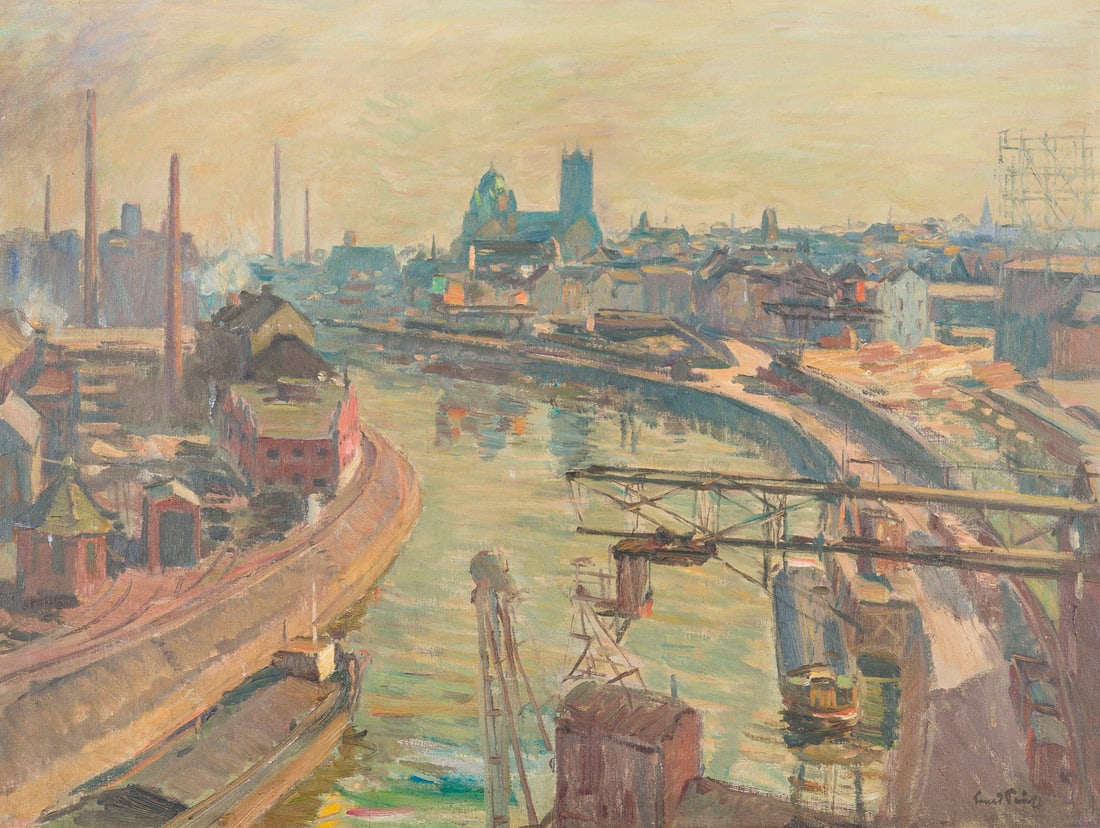 DEUTSCHE SCHULE | INDUSTRIELANDSCHAFT, NEUSS: DEUTSCHE SCHULE 1. Haelfte 20. Jh. INDUSTRIELANDSCHAFT, NEUSS Oel auf Leinwand. 63 x 82 cm (R. 80 x 100 cm). Unten rechts undeutlich signiert. Rahmen.DEUTSCHE SCHULE 1. Haelfte 20. Jh.