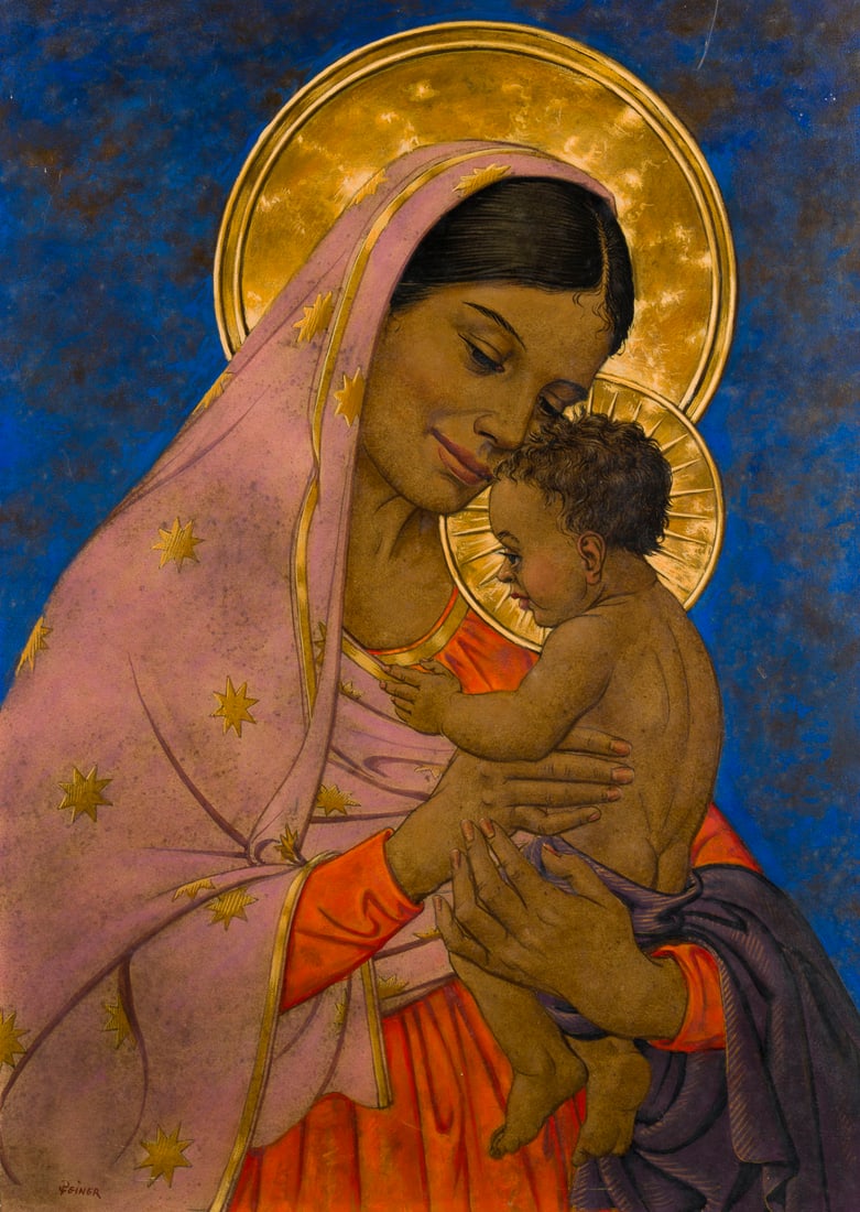 WERNER PEINER | MADONNA MIT KIND: WERNER PEINER 1897 Duesseldorf - 1984 Leichlingen MADONNA MIT KIND Oel auf Karton. 70 x 50 cm. Unten links signiert. Verso: Nachlassetikett mit Nummer. Direkt aus dem Nachlass des KuenstlersWERNER PEI