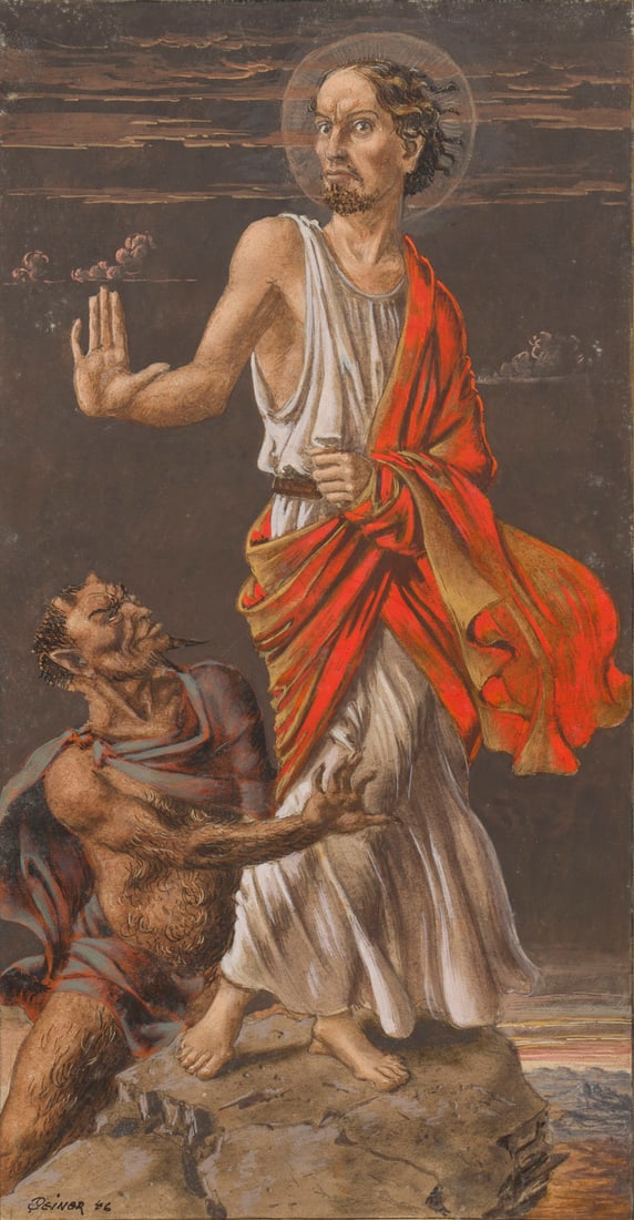 WERNER PEINER | VERSUCHUNG CHRISTI, 1946: WERNER PEINER 1897 Duesseldorf - 1984 Leichlingen VERSUCHUNG CHRISTI, 1946 Gouache auf Papier. Darstellung 36 x 19 cm. Unten links signiert und datiert. Provenienz: Direkt aus dem Nachlass des