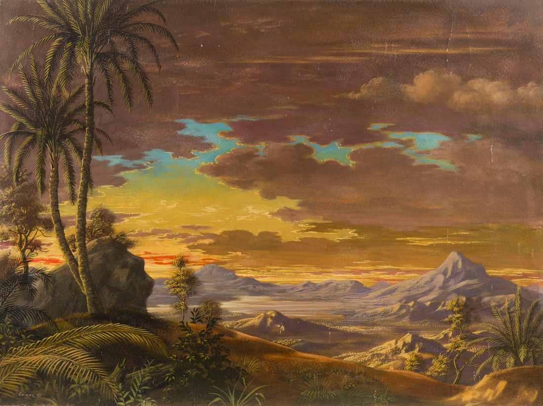 WERNER PEINER | LANDSCHAFT IM ABENDROT, 1950: WERNER PEINER 1897 Duesseldorf - 1984 Leichlingen LANDSCHAFT IM ABENDROT, 1950 Oel auf Papier. 60 x 81 cm. Unten links signiert und datiert. Verso: Nachlassetikett mit Nummer. Provenienz: Direkt aus