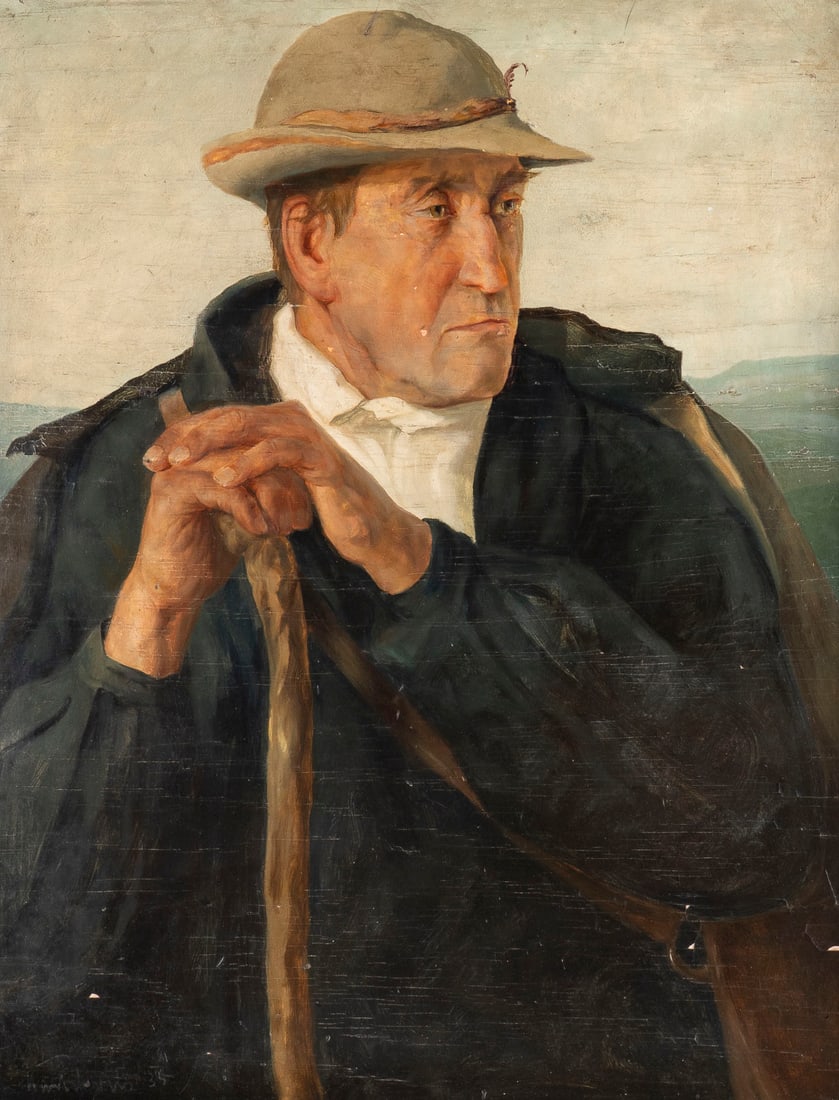 KARL MONS | SCHWAeLMER BAUER: KARL MONS 1890 - 1947 SCHWAeLMER BAUER Oel auf Holz. 65 x 52 cm (R. 83 x 70 cm). Unten links signiert. Part. Farbverluste. Rahmen.KARL MONS 1890 - 1947 SCHWAeLMER BAUEROel auf Holz. 65 x 52 cm (R. 83