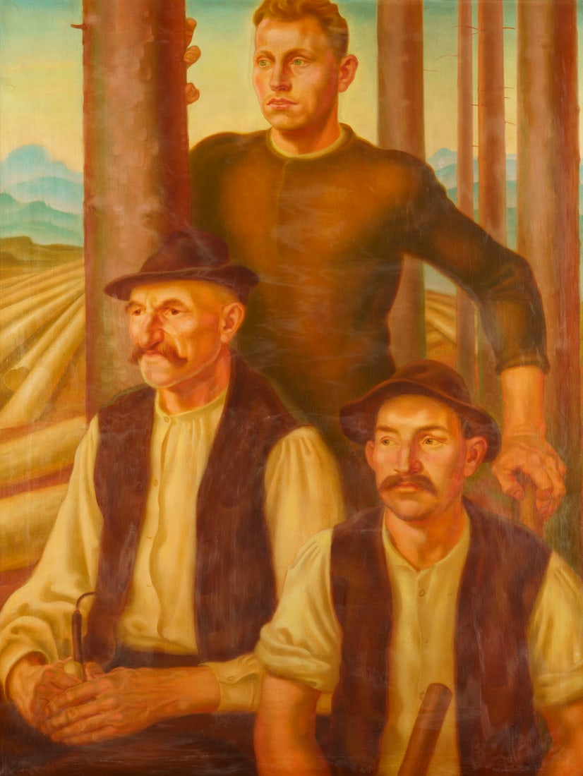 HANNS KUeHNEL (ATTR.) | HOLZSCHLAeGER, UM 1937: HANNS KUeHNEL (ATTR.) 1899 Dux - 1983 Muenchen HOLZSCHLAeGER, um 1937 Oel auf Leinwand. 105 x 80 cm (R. 124 x 99 cm). Verso: auf dem Rahmen bezeichnet; Etikett 'Als kuenstlerisch wertvoll zur