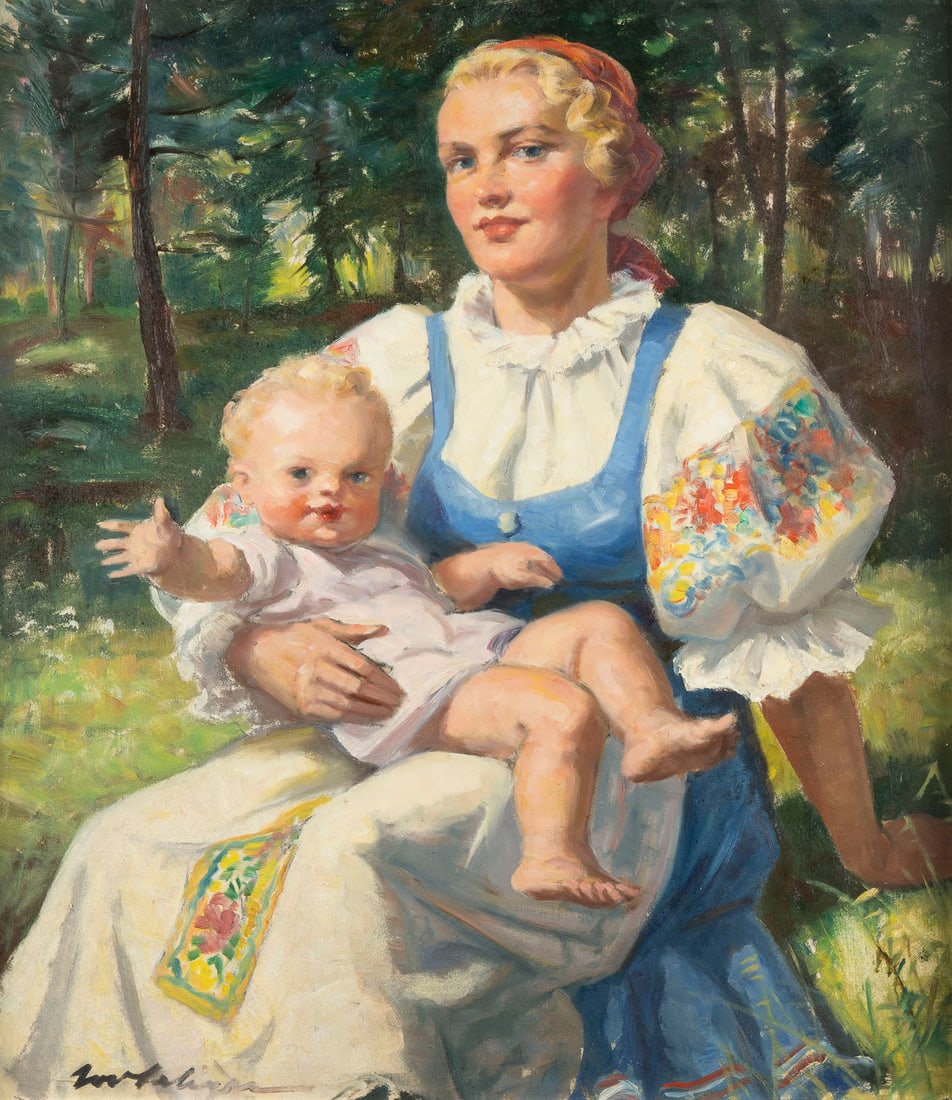 IVO SALIGER | MUTTERGLUeCK: IVO SALIGER 1894 Konigsberg-Wagstadt - 1987 Vienna MOTHER'S JOY Oil on hardboard. 80 x 70 cm (f. 88 x 78 cm). Signed lower left. Framed. Provenance: Private collection, Vienna.IVO SALIGER 1894 Koenigs