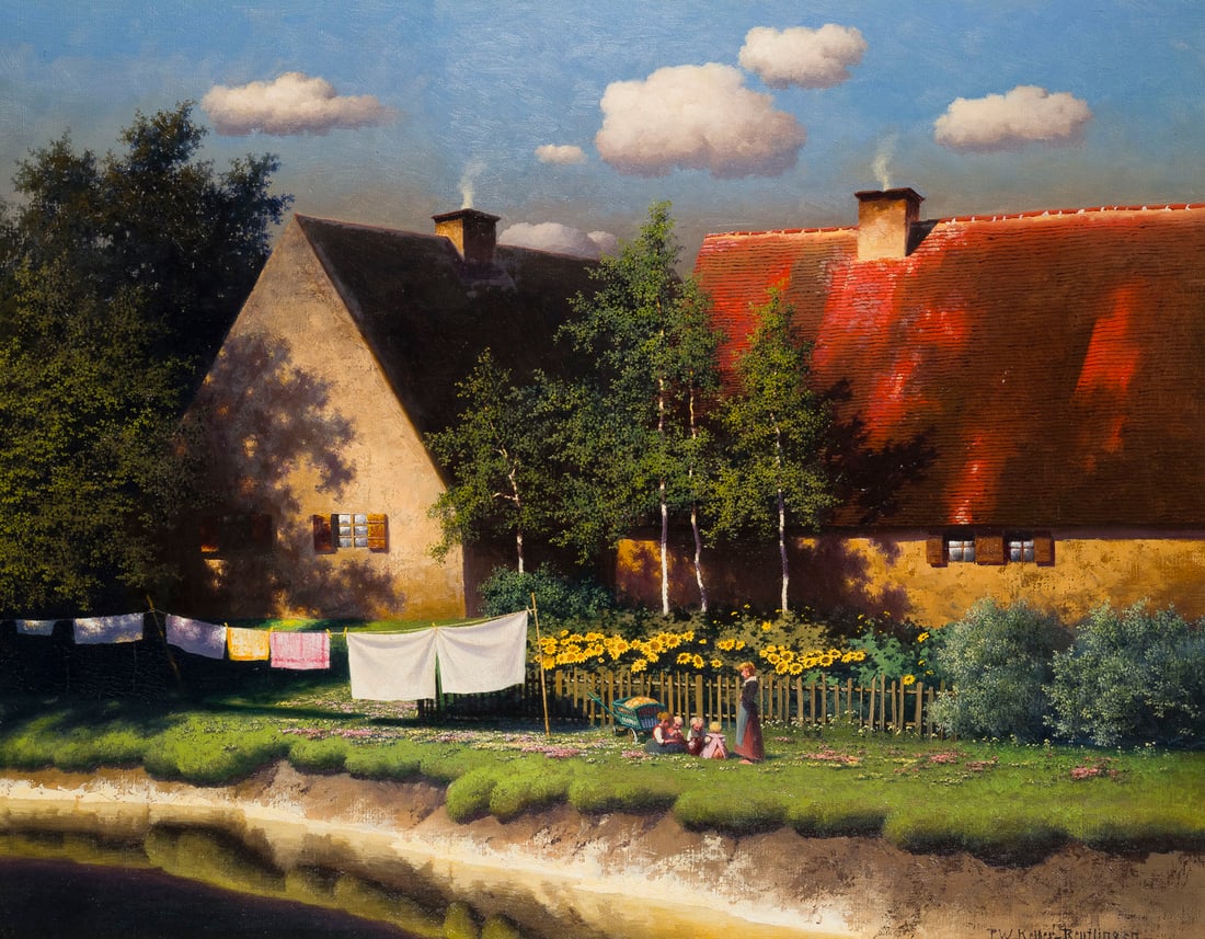 PAUL WILHELM KELLER-REUTLINGEN | SOMMERIDYLL: PAUL WILHELM KELLER-REUTLINGEN 1854 Reutlingen - 1920 Munich SUMMER IDYLL Oil on canvas. 64 x 81 cm (f. 77 x 94 cm). Signed lower right. Framed.PAUL WILHELM KELLER-REUTLINGEN 1854 Reutlingen - 1920
