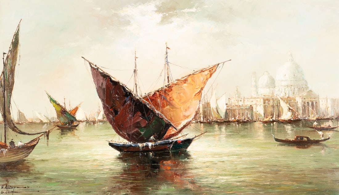 HORST ALTERMANN | FISCHERBOOTE UND GONDELN VOR VENEDIG: HORST ALTERMANN 1925 - 1978 FISHING BOATS AND GONDOLAS IN VENICE Oil on canvas. 50 x 85 cm (f. 73 x 107 cm). Signed lower left. Framed. Expertise: An expert's report is available. Provenance: Private 