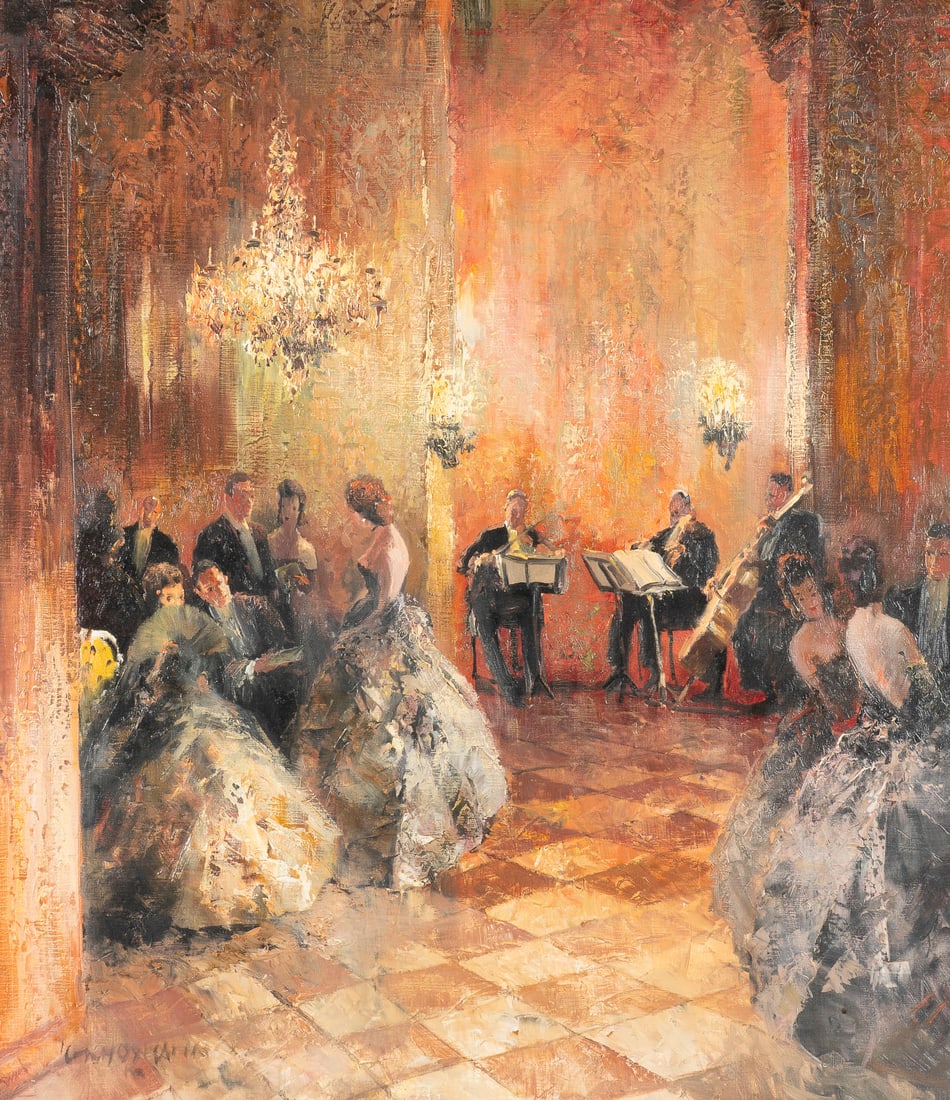 LUDWIG GSCHOSSMANN | BALLSZENE: LUDWIG GSCHOSSMANN 1894 Strasbourg - 1988 Tegernsee BALLROOM SCENE Oil on canvas. 80 x 70 cm (F. 99 x 89 cm). Signed lower left. Framed.LUDWIG GSCHOSSMANN 1894 Strassburg - 1988 Tegernsee BALLSZENEOel