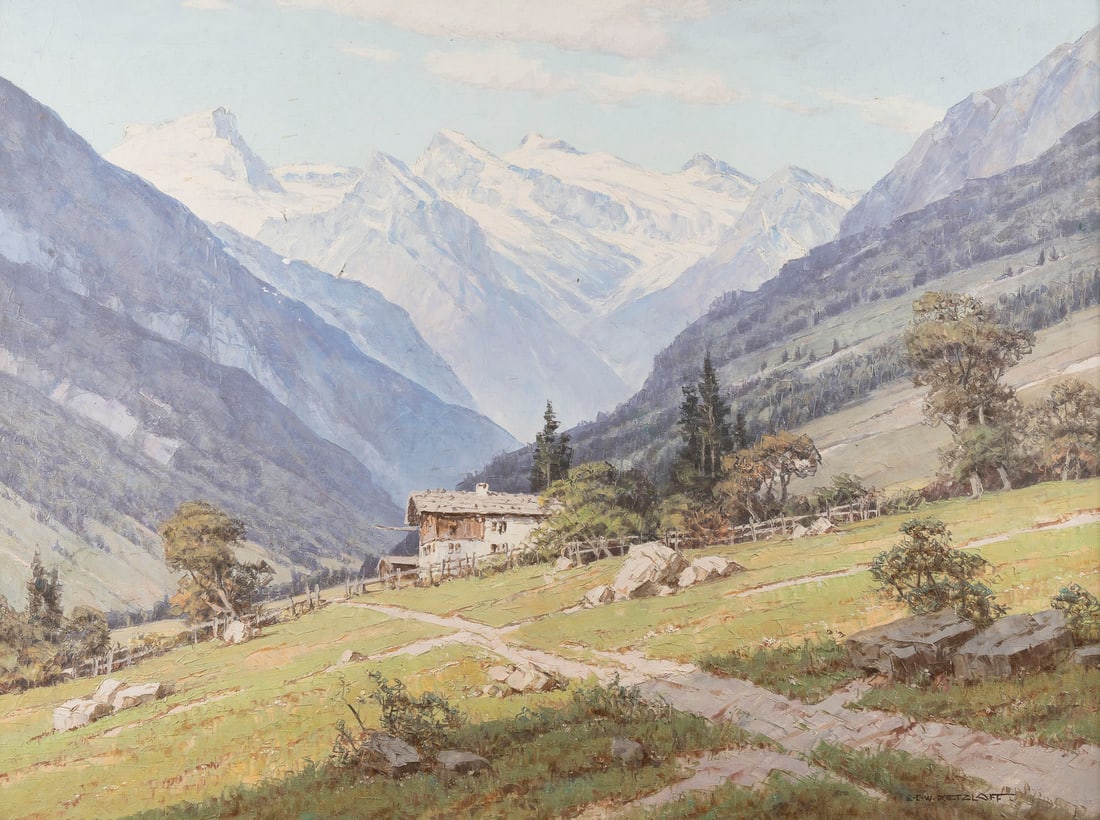 ERNST CARL WALTER RETZLAF | DAS STUBAITAL BEI NEUSTIFT IN TIROL IM SOMMER: ERNST CARL WALTER RETZLAFF 1898 Berlin - 1976 THE STUBAI VALLEY NEAR NEUSTIFT IN TYROL IN SUMMER Oil on canvas. 61 x 81 cm (f. 75.5 x 96 cm). Signed lower right. Craquelure. Framed. Provenance: Privat
