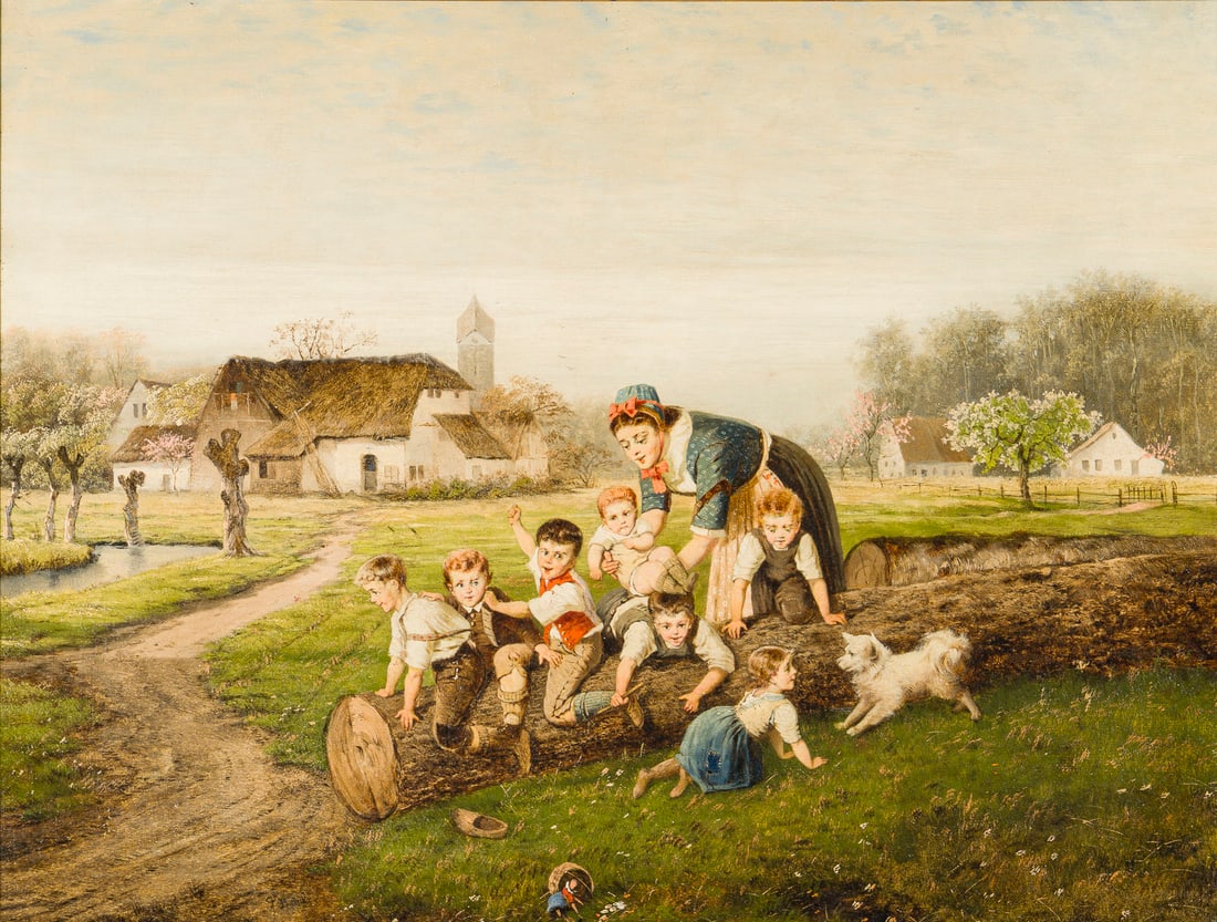 FRITZ BEINKE | SPIELENDE KINDER: FRITZ BEINKE 1842 Dusseldorf - 1907 Dusseldorf CHILDREN AT PLAY Oil on canvas. 56 x 74 cm (f. 74 x 92 cm). Signed. Framed.FRITZ BEINKE 1842 Duesseldorf - 1907 ebenda SPIELENDE KINDEROel auf Leinwand. 