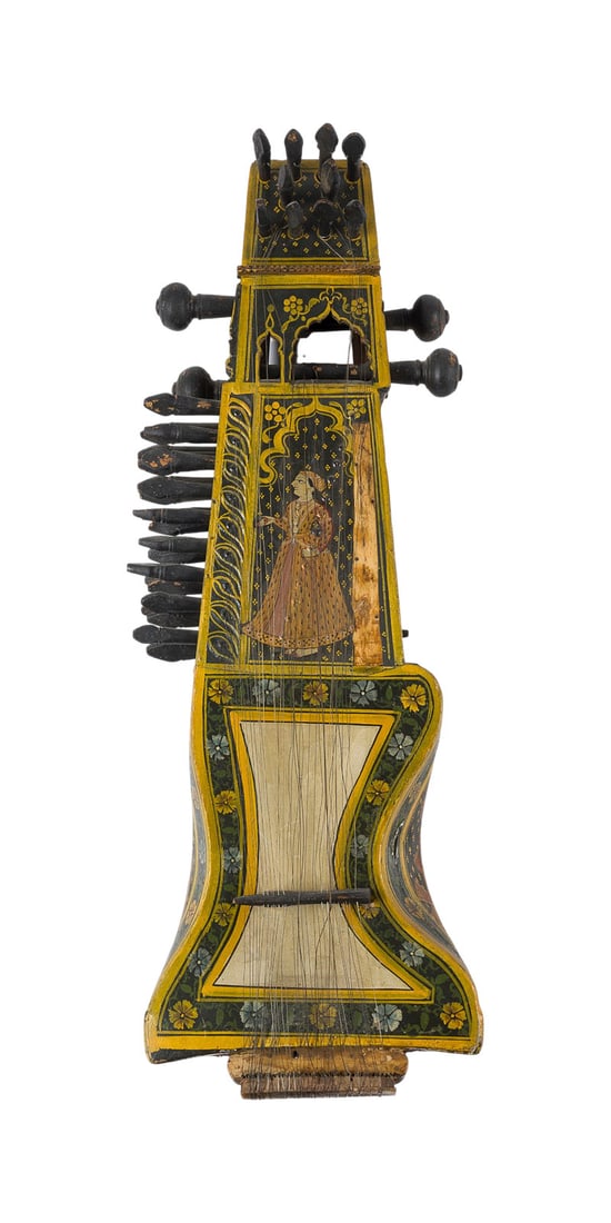 | SARANGI MIT AUFWENDIGER FIGUeRLICHER BEMALUNG: SARANGI WITH ELABORATE FIGURAL PAINTING North India, Rajasthan, 20th century Carved dark wood, skin-covered resonator, pegs for main and sympathetic strings. Length approx. 69.5 cm, width 26 cm.