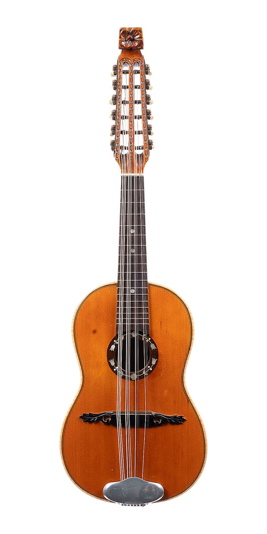 | TIPLE: TIPLE South America (probably Colombia), 20th century. Arched body constructed from strips; spruce soundboard with inlaid rosette; metal tuning mechanism; 12-string; bone tuning pegs; includes case.