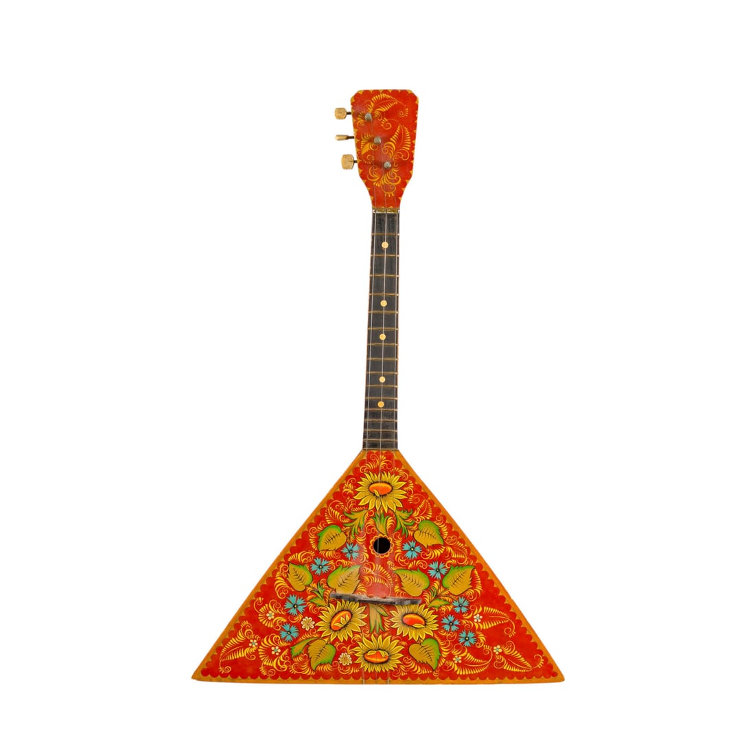 | BALALAIKA 'A. W. LUNATSCHARSKI': BALALAIKA 'A. W. LUNATSCHARSKI' Leningrad, Russia, mid-20th century Triangular wooden body, three-stringed, top with sound hole, primed red and featuring decorative floral motifs. L. 69, W. 43 cm.