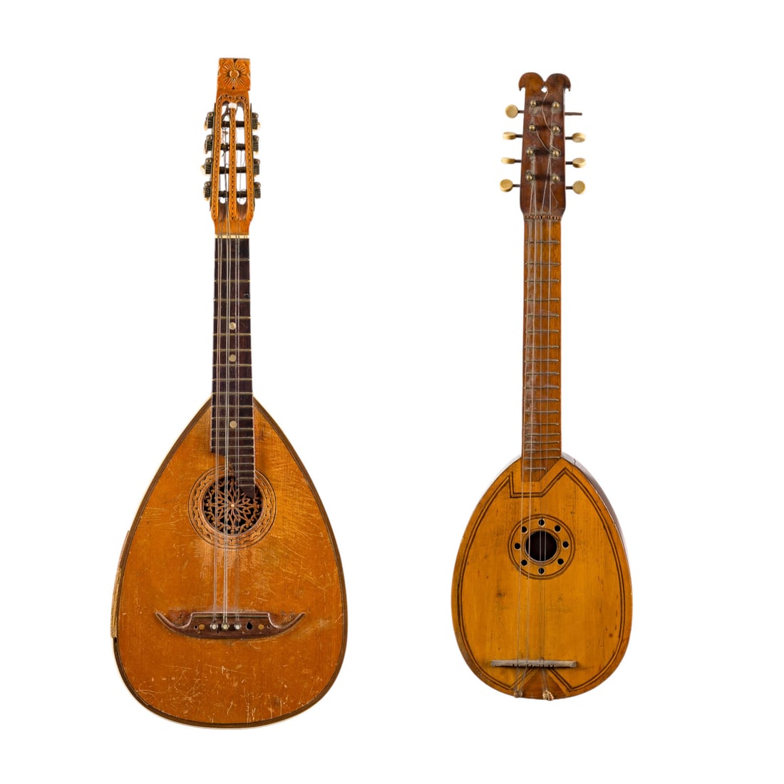 | ZWEI SAITENINSTUMENRTE: GITARRENLAUTE UND NEAPOLITANISCHE MUSCHELMANDOLINE: TWO STRINGED INSTRUMENTS: GUITAR-LUTE AND NEAPOLITAN BOWL-BACK MANDOLIN Germany/Italy, early 20th century. Each with a bowl-back body and spruce soundboard. Length approx. 65 cm and 61.5 cm. Lute