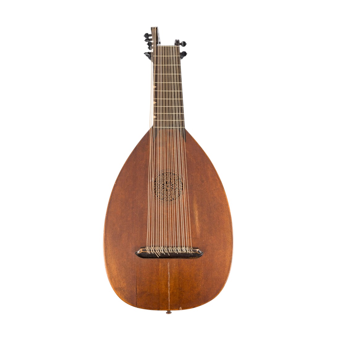 | GROSSE KNICKHALSLAUTE: LARGE LUTE Presumably German, 20th century Lute made of spruce and maple, conch-shaped body, hand-carved, finely openwork rosette, angled pegbox, 15 strings. L. 69 cm, W. 32.5 cm. Partially bumped, an