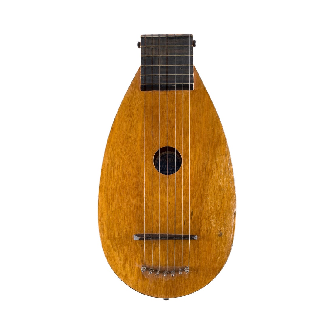 | STOeSSEL LAUTE (AUCH STOeSSEL MANDOLINE): STOeSSEL LUTE (ALSO STOeSSEL MANDOLIN) Cologne, c. 1915-1925 Flat body with a round soundhole, short fretted fingerboard, seven metal strings. Length approx. 43.5 cm, width 23.5 cm. Internal label: