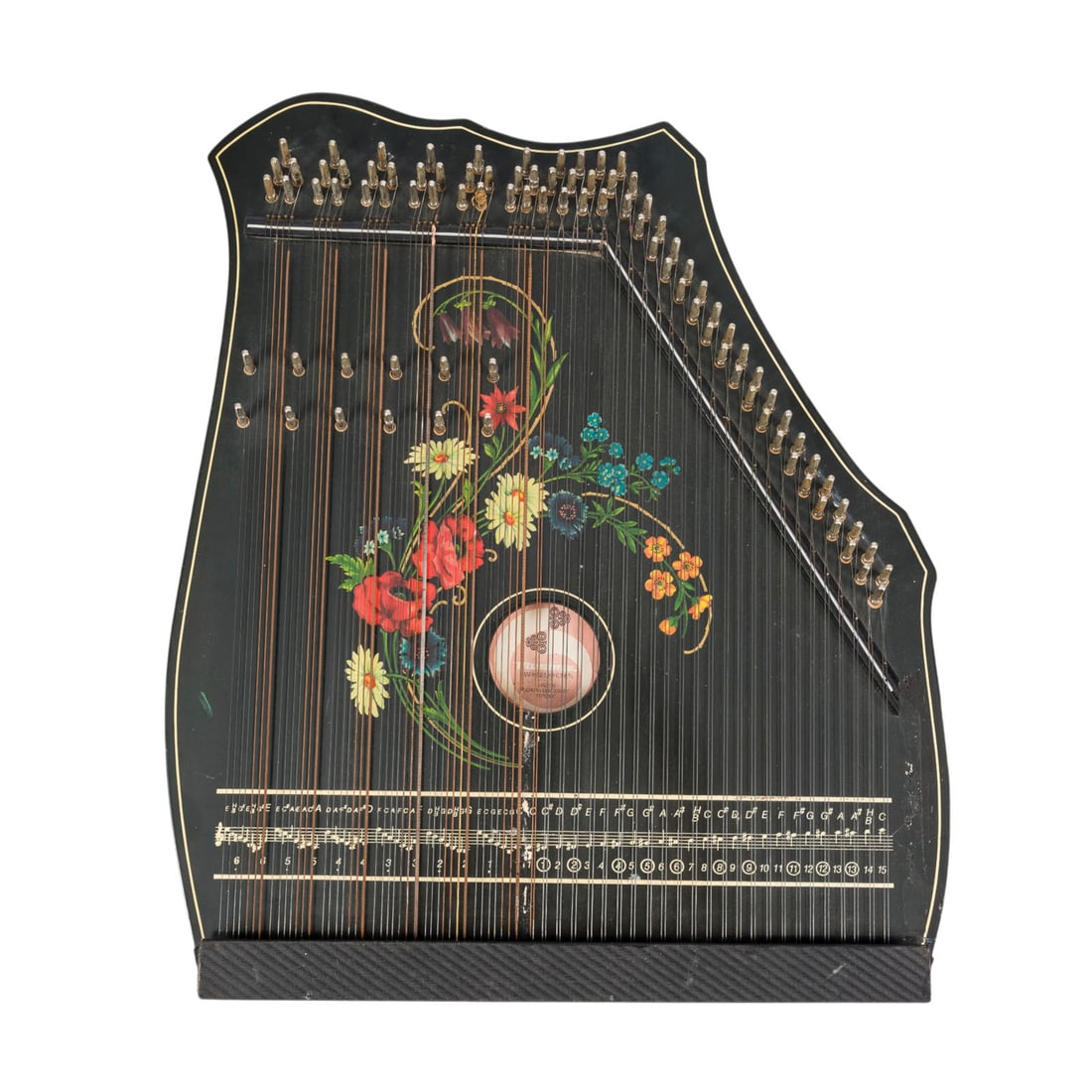 | KONZERTZITHER 'MUSIMA': MUSIMA' CONCERT ZITHER Markneukirchen, GDR, second half of the 20th century Black-lacquered wooden body, floral painting on the top, round sound hole with rosette, fingerboard with note names and fret