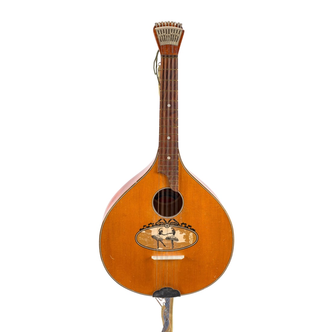 | WALDZITHER 'PLUeCKTHUN & CO.': FOLK ZITHER 'PLUeCKTHUN & CO.' Hamburg, early 20th century. Spruce top, pear-shaped wooden body, nine strings, top with decorative soundhole rosette and ornamental details, with strap. L. 42, W. 35 cm