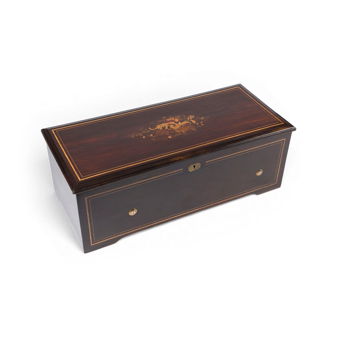 | GROSSE FEINE WALZENSPIELDOSE MIT SECHS GLOCKEN UND TROMMELN: LARGE, FINE CYLINDER MUSIC BOX WITH SIX BELLS AND DRUMS Switzerland, Sainte-Croix, c. 1880-1890 Rectangular fine-wood case featuring elaborate floral marquetry on the lid; internal glass dust cover; s