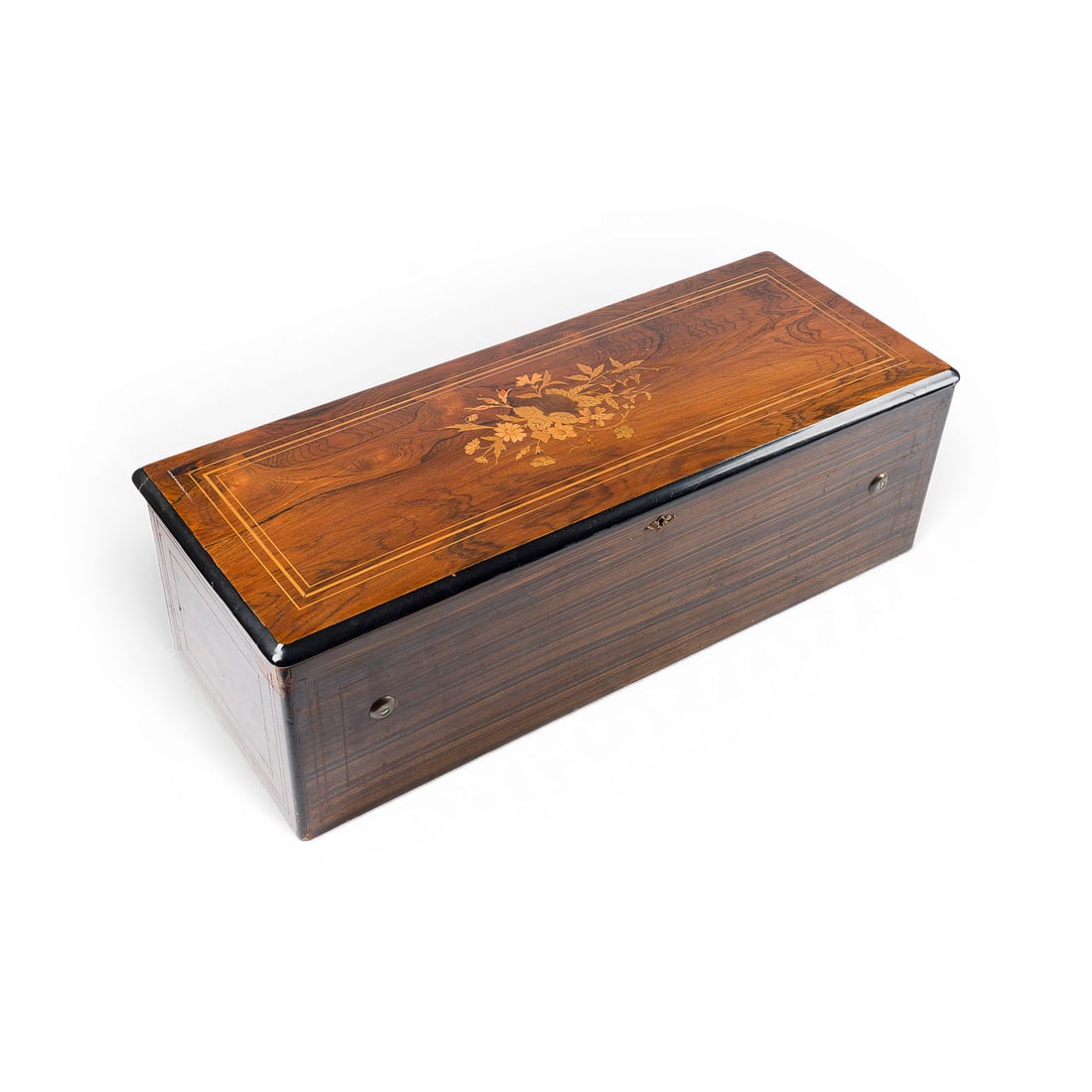 | GROSSE WALZENSPIELDOSE 'WOHL LOUIS PRESEZZI & CO': LARGE ROLLER MUSIC BOX 'PROBABLY LOUIS PRESEZZI & CO' Switzerland, Geneva, around 1880-1885. Rectangular walnut case featuring floral inlay on the lid, internal glass dust cover, and spring-driven cyl