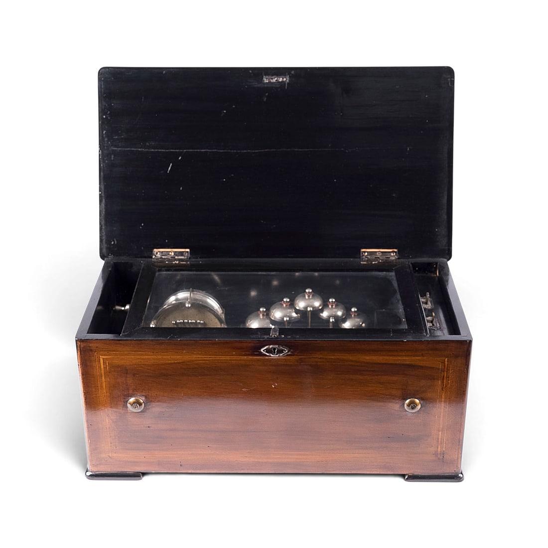 | GROSSE FEINE WALZENSPIELDOSE MIT FUeNF GLOCKEN UND TROMMELN: LARGE, FINE CYLINDER MUSIC BOX WITH FIVE BELLS AND DRUMS Switzerland, Sainte-Croix, c. 1880-1890 Rectangular fine-wood case featuring elaborate floral marquetry on the lid; internal glass dust cover; 