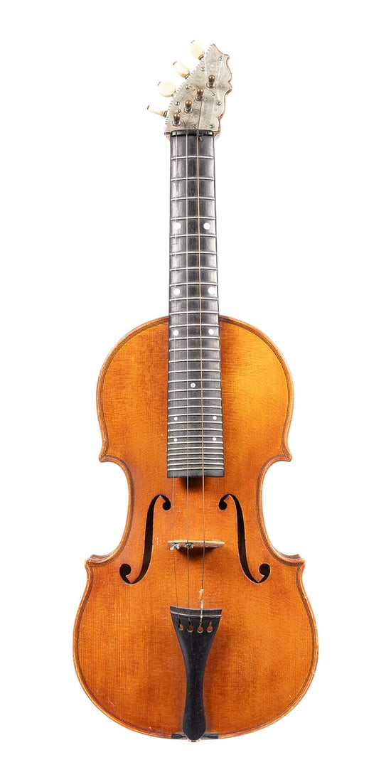 | TISCHGEIGE / STREICHZITHER 'ANTON BRAeUER': TABLE VIOLIN / BOWED ZITHER 'ANTON BRAeUER' Schoenbach i. B. (now Luby, Czech Republic), c. 1900-1920 Violin-shaped body made of spruce and maple; engraved metal headplate with tuning mechanism; ivory