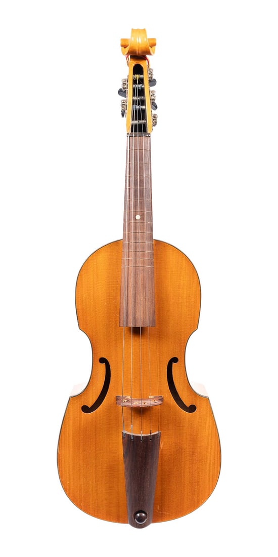 | DISKANTGAMBE (VIOLA DA GAMBA) 'F. UPMANN WERKSTAeTTEN': TREBLE VIOLA DA GAMBA 'F. UPMANN WERKSTAeTTEN' Celle, 1963 Two-piece spruce top and maple back, golden-yellow, amber-colored natural varnish, six-stringed, slender C-holes in the Renaissance style on