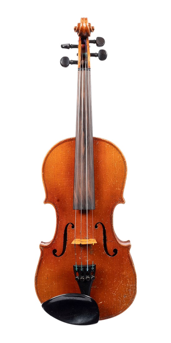 | 1/4 VIOLINE UND 3/4 VIOLINBOGEN: 1/4 VIOLIN AND 3/4 VIOLIN BOW German, early 20th century. Two-piece spruce top and maple back, brown varnish; includes case. 1/4-size violin: total length 51.7 cm, body length 31.5 cm. Unlabeled. Viol